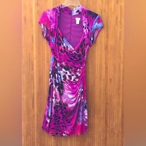 Cache Short Sleeve Low Cut Front Purple Leopard Print Dress Size 10